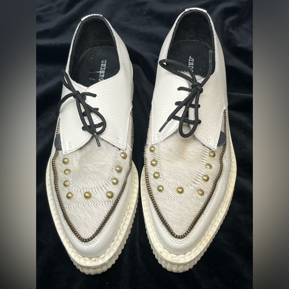 Underground Barfly Creepers Derbies white fur studded leather sz 5 women’s